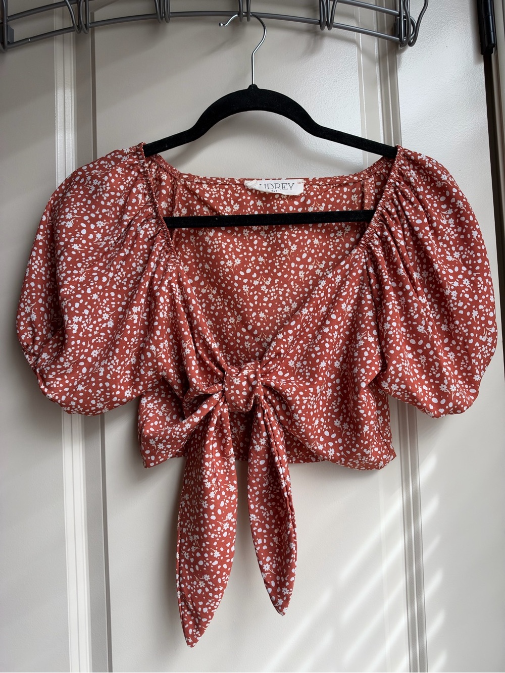 UO x Rust Floral Tie-Front Puff Sleeve Crop Top